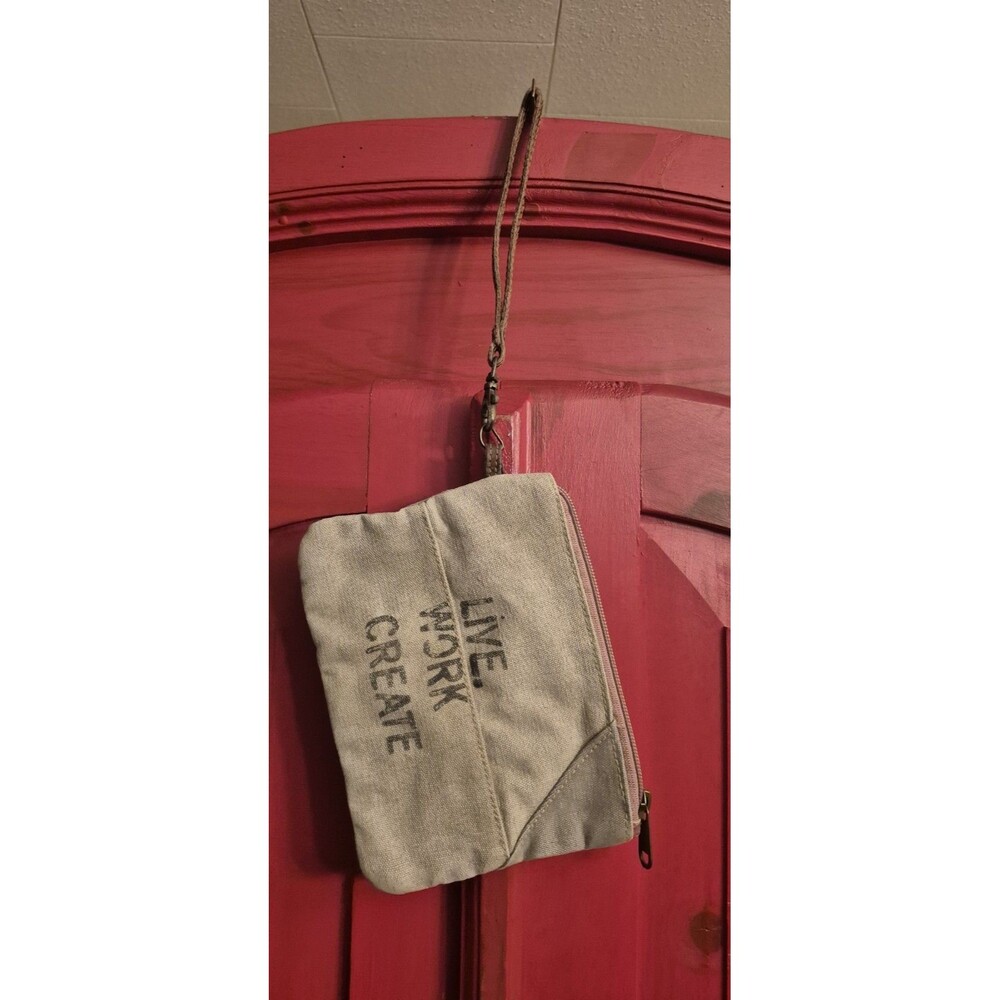 Mona B Live Work Create Canvas Wristlet Pouch Bag Upcycled Recycled 7x6 EUC